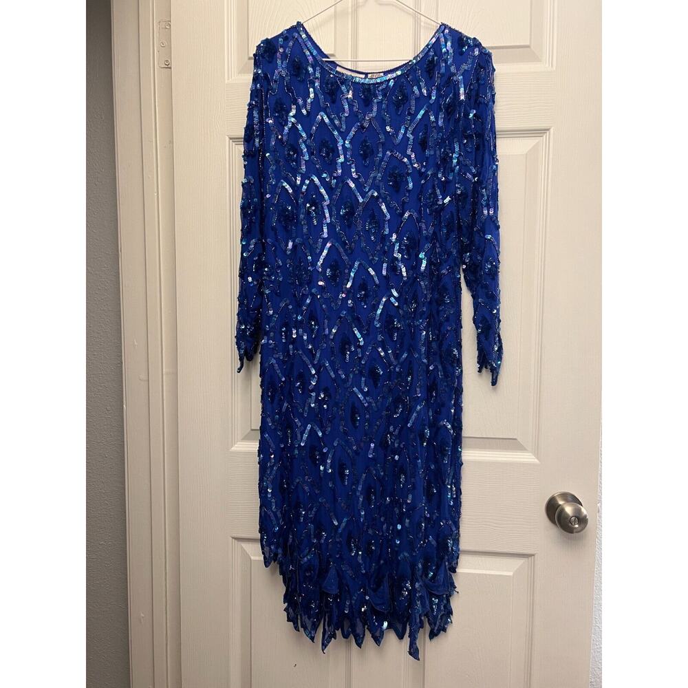 O.R. Silk Dress Women's Small Blue Beaded Sequin Evening Cocktail Dress Vintage